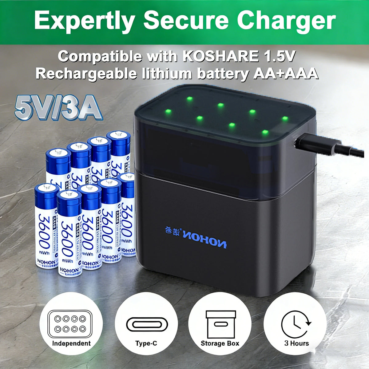 NOHON 1.5V Li-ion Rechargeable AA/AAA Batteries – 3600mWh High Capacity Long Lasting with Battery Charger