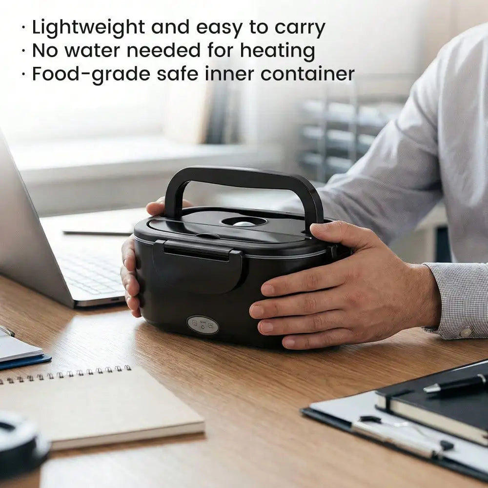 A person holds a black insulated lunch container with a lid and carry handle at a wooden desk, with text listing product benefits in the upper left