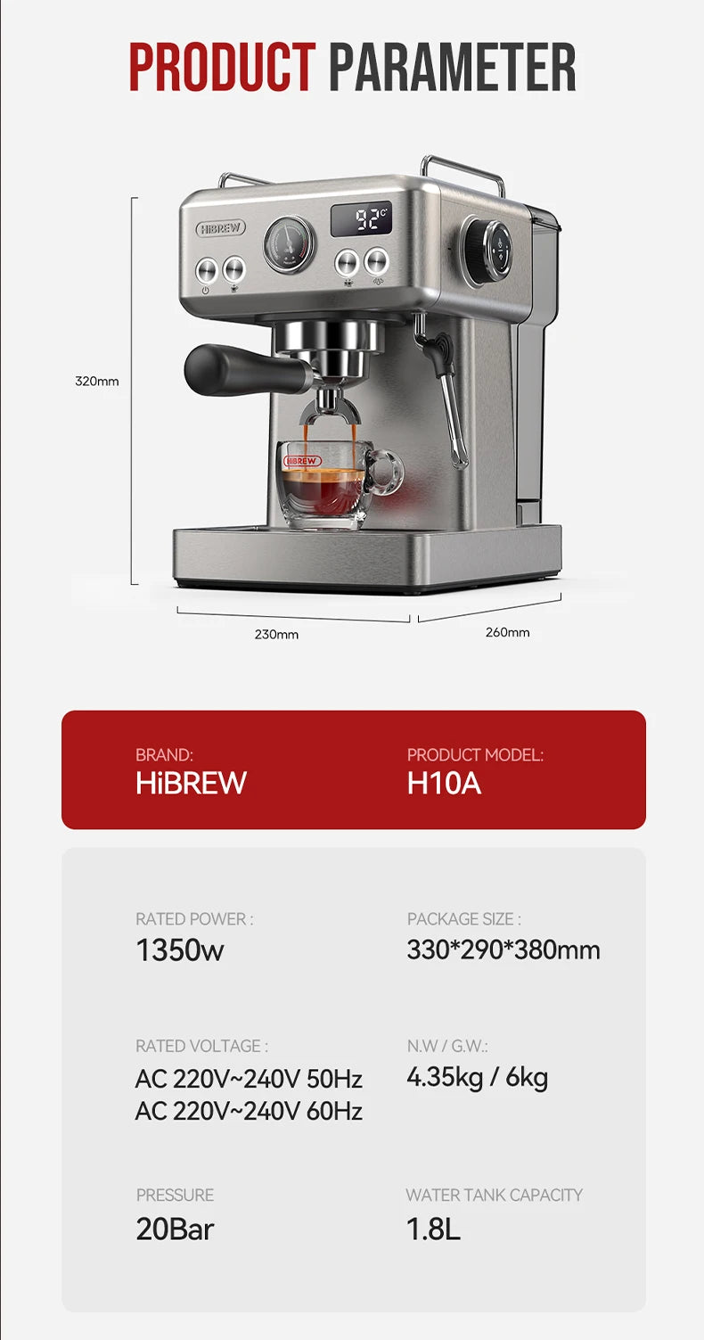 HiBREW H10A 20-Bar Semi-Automatic Espresso Machine | 58mm Portafilter, Temperature Control, Stainless Steel