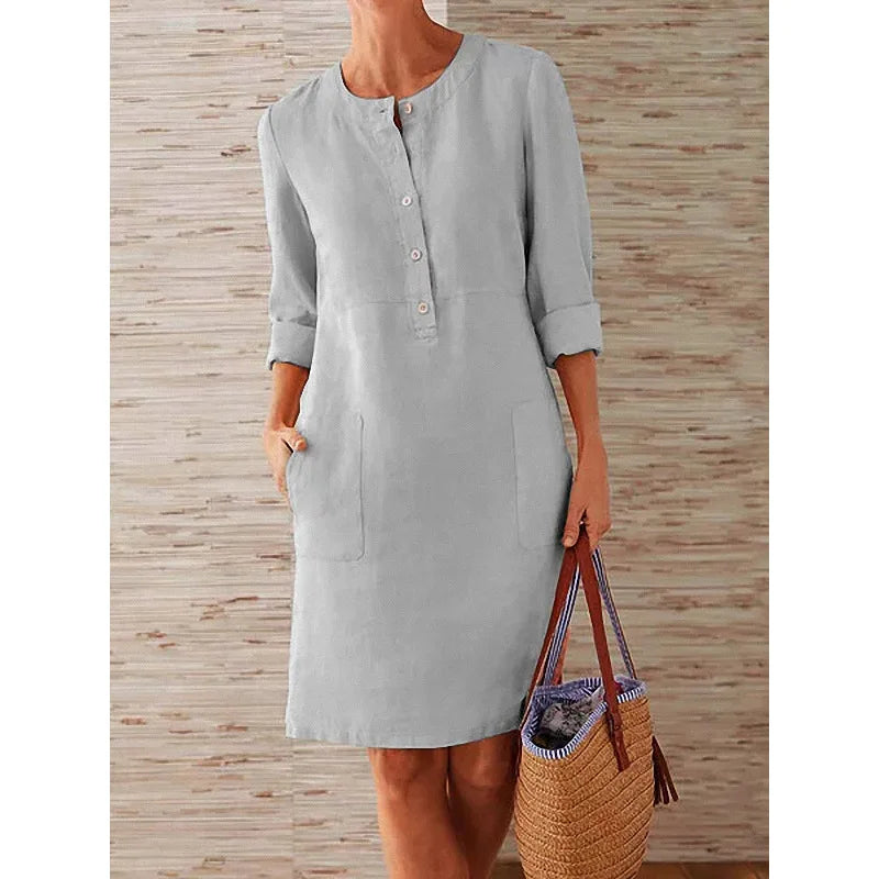 Women's Cotton Linen Tunic Dress – Long Sleeve Vintage Straight Oversized Casual Dress
