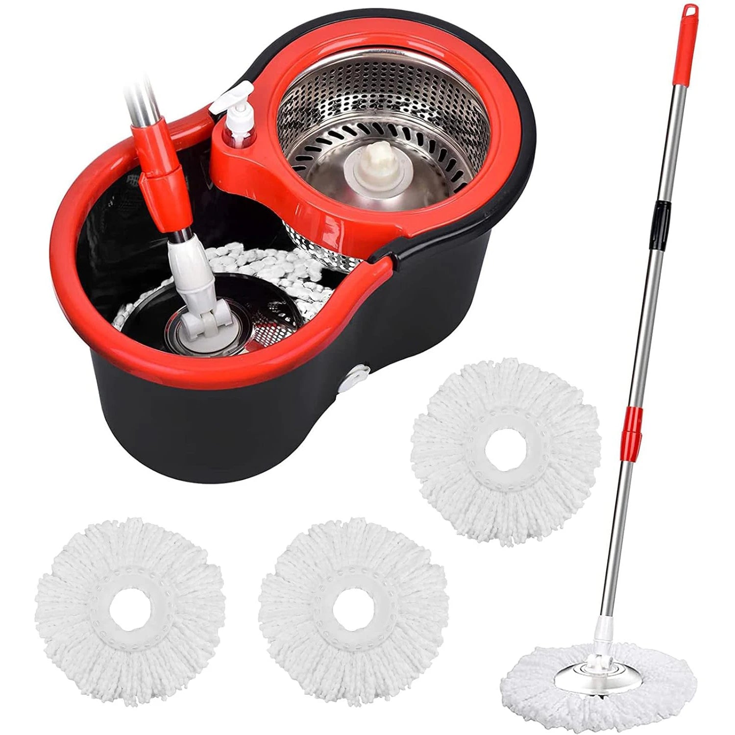 360° Spin Mop & Bucket Set — 3 Microfiber Heads, Stainless Steel Basket, 61" Adjustable Handle