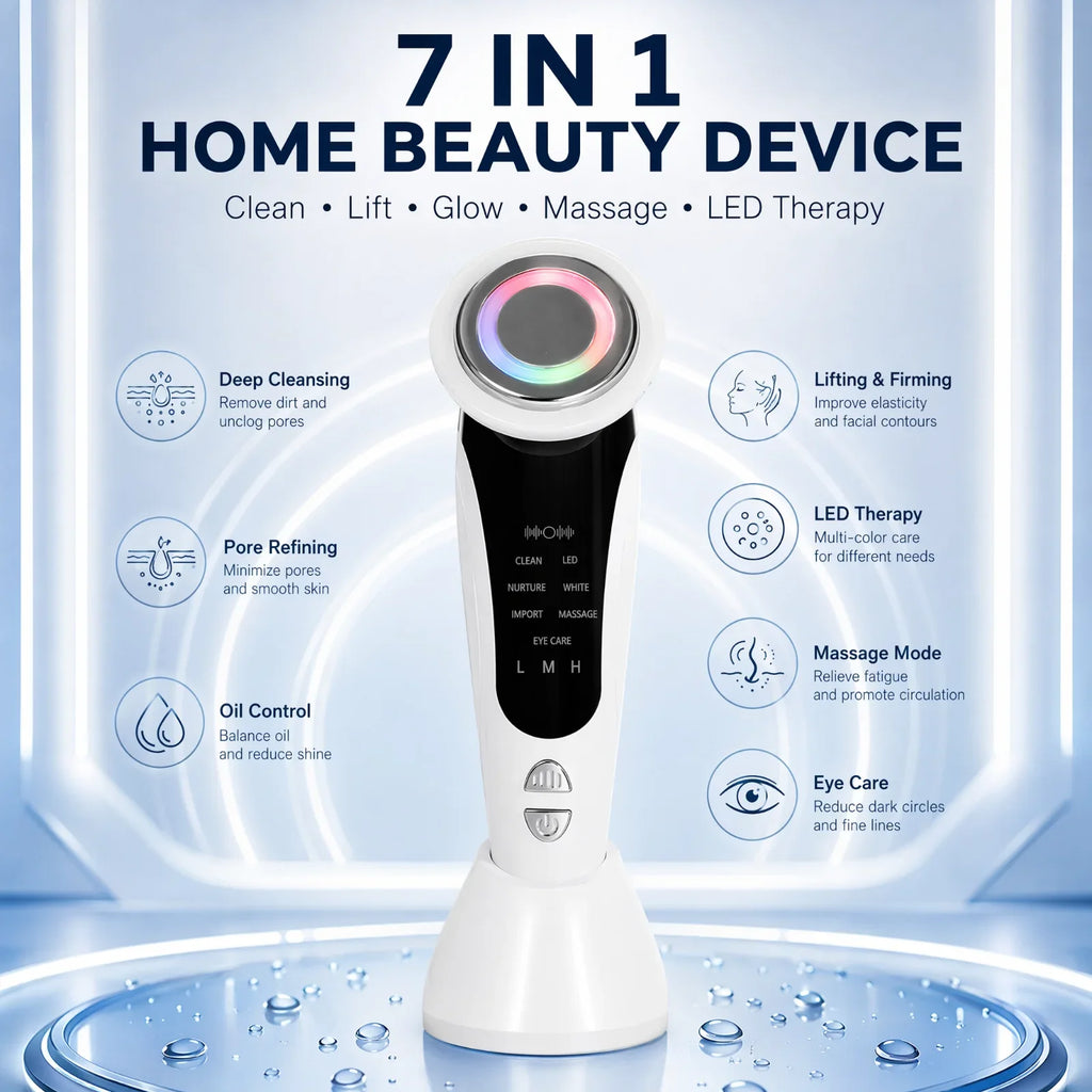 7-in-1 LED Facial Beauty Device – Cleansing, Serum Infusion, LED Light Therapy & Eye Care Massager