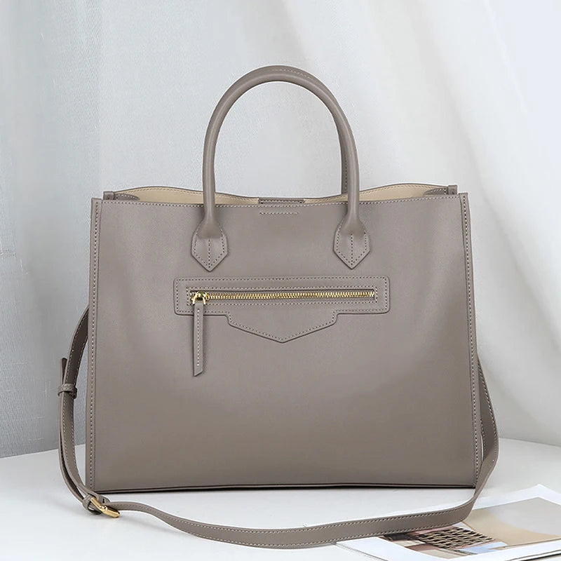 Luxury Cowhide Leather Tote Bag – Large Capacity Shoulder Bag with Laptop Compartment for Women