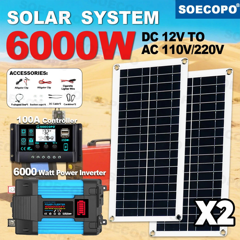 SOECOPO 6000W Solar Power System Kit – 200W x2 Panels, DC to AC Inverter, 100A Controller for Home & Camping