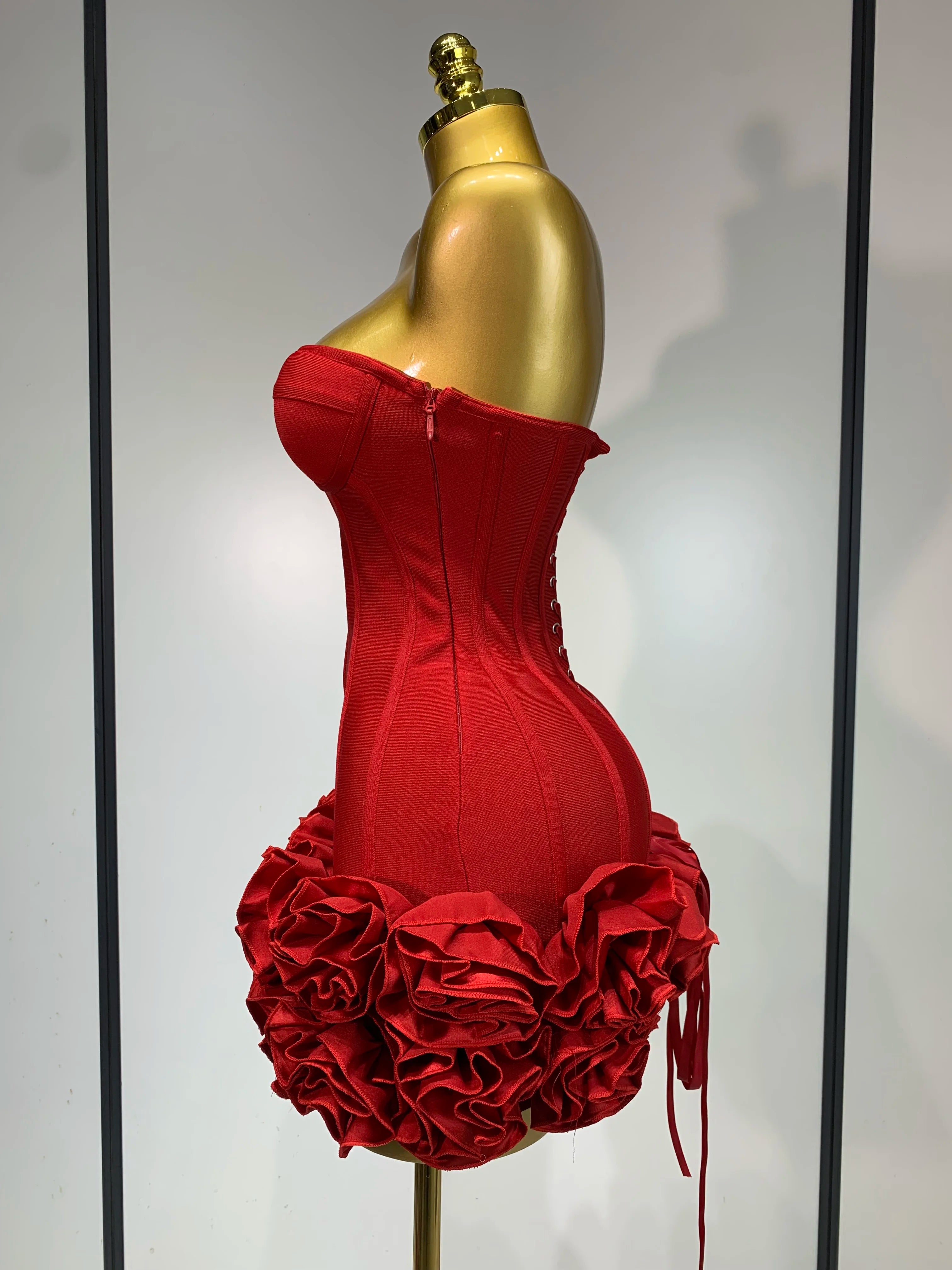 Flower Embellished Strapless Bandage Mini Dress — Backless Bodycon Celebrity Party Dress