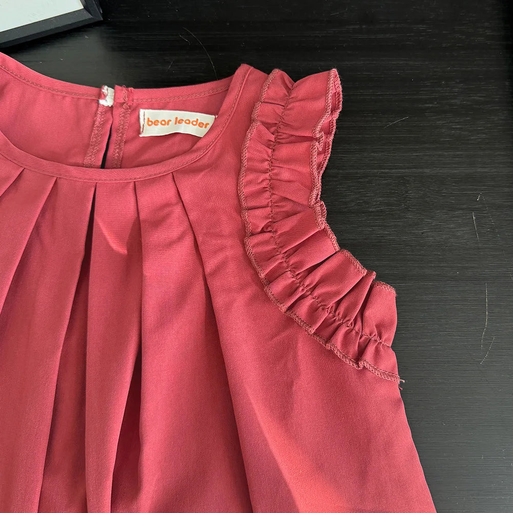 Korean Sleeveless Pleated Girls Dress — Solid Color Round Neck Summer Kids Dress