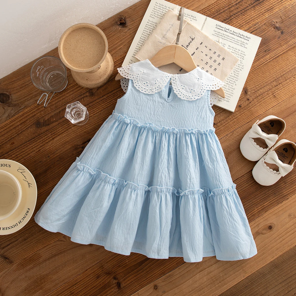 Baby Girl Cotton Beach Dress — Sleeveless Solid Color Lapel Dress