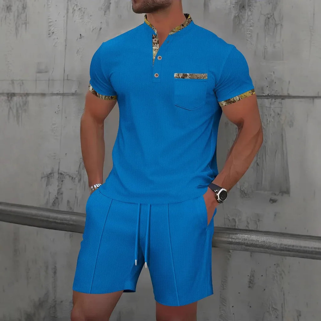Men's Waffle Solid Color Zip Lapel Short Sleeve & Shorts Set – European Summer 2-Piece Suit