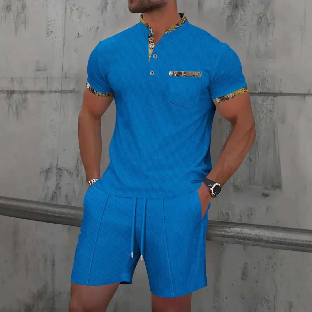 Men's Waffle Solid Color Zip Lapel Short Sleeve & Shorts Set – European Summer 2-Piece Suit