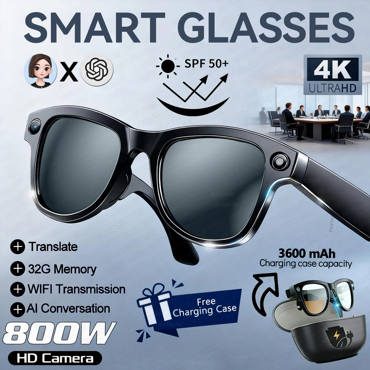 2026 AI Smart Glasses – 4K Camera, 120+ Language Translation, 3600mAh Power Bank, Bluetooth 5.3