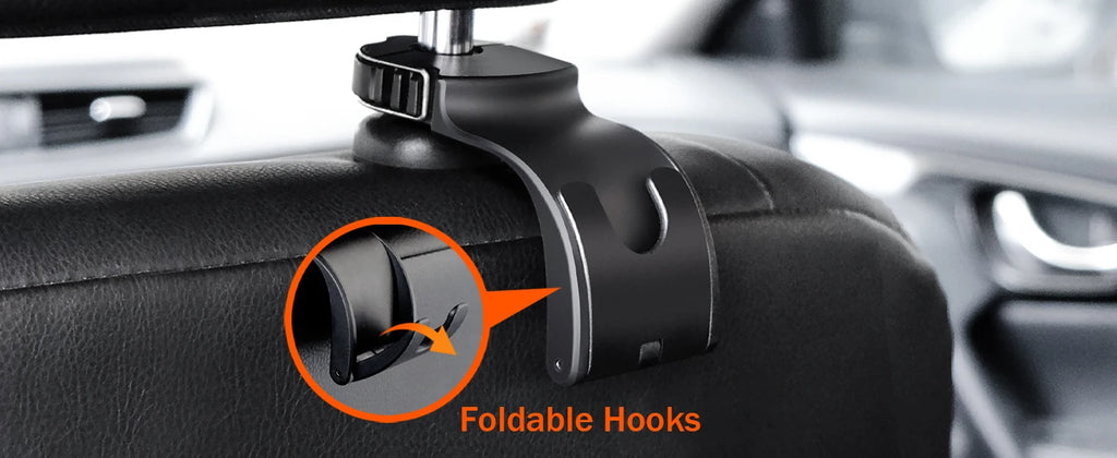 A close-up of a black car headrest clip with foldable hooks attached to a car seat, with an inset circle showing the hook detail and the text 'Foldable Hooks'.