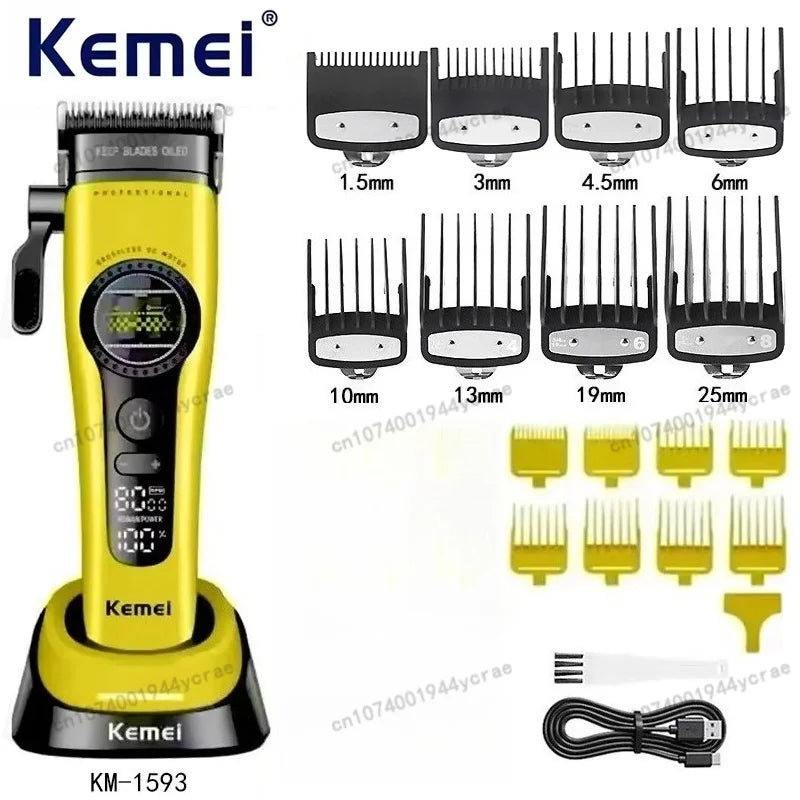 Kemei KM-1593 / KM-1595 Brushless Hair Clipper – DLC Blade, 8000 RPM, 200-Min Runtime, USB-C