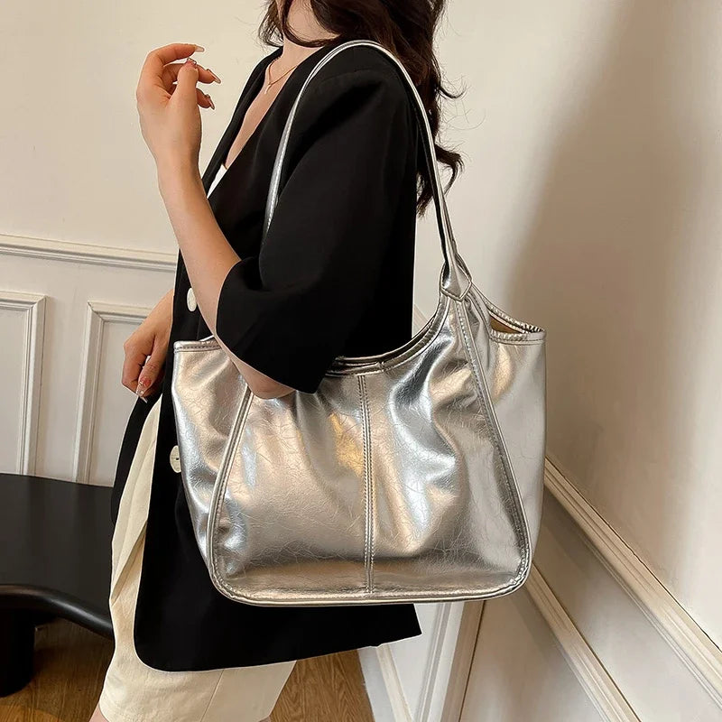 Silver TPU Large Capacity Tote Bag – Luxury Business Shoulder Handbag for Women