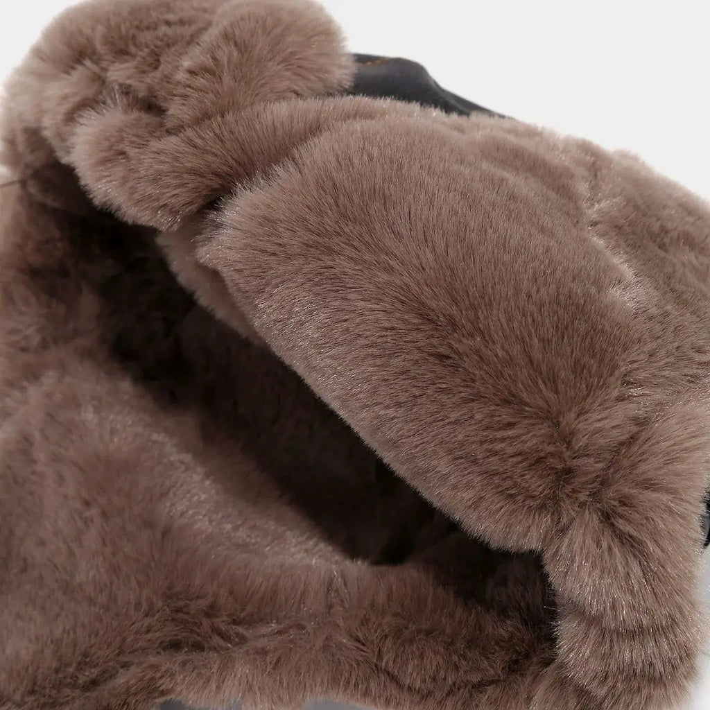 Faux Leather Trapper Hat with Plush Lining and Ear Flaps