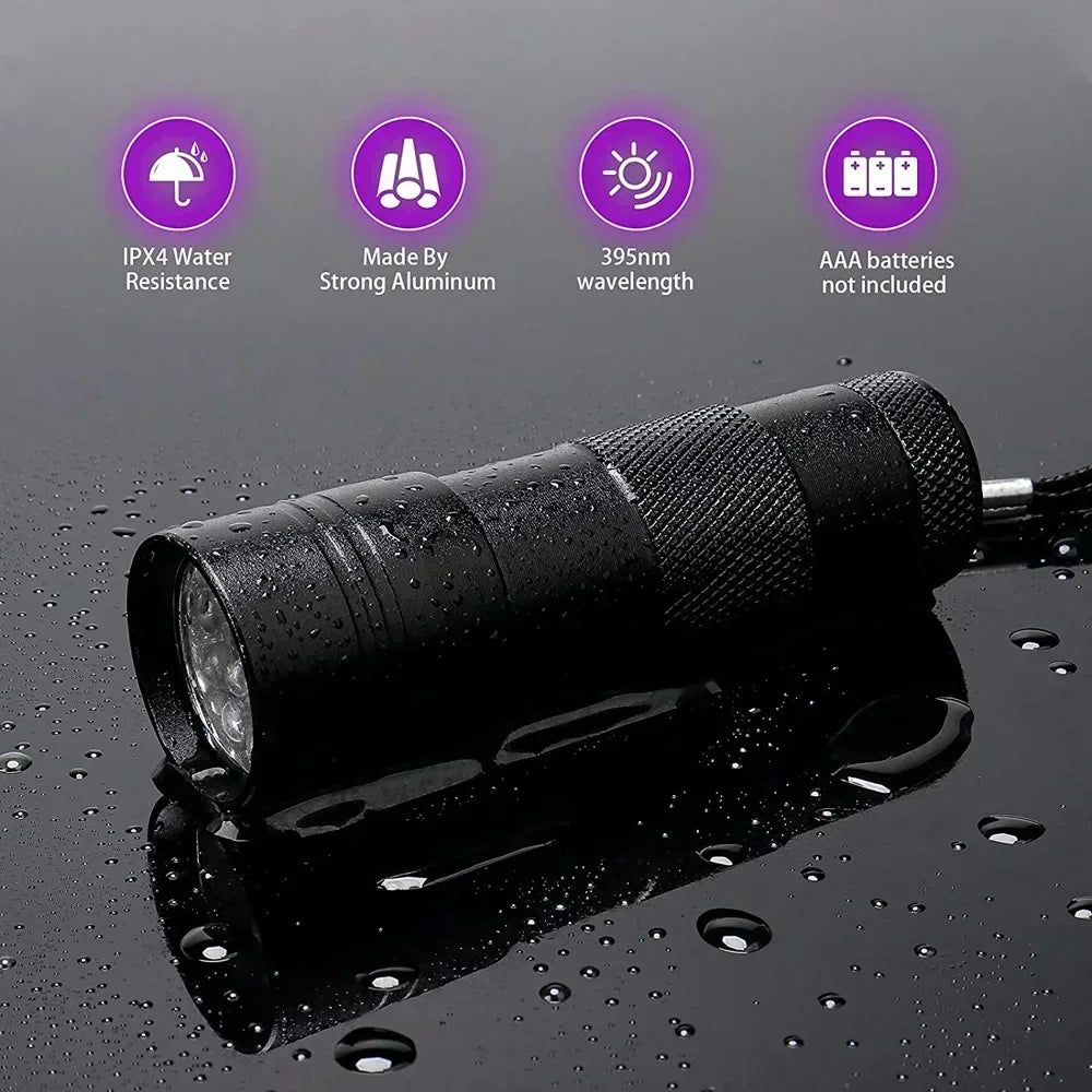 UV Blacklight Flashlight | 9/12 LED 395nm, Pet Urine & Stain Detector, Waterproof Aluminum, Batteries Not Included