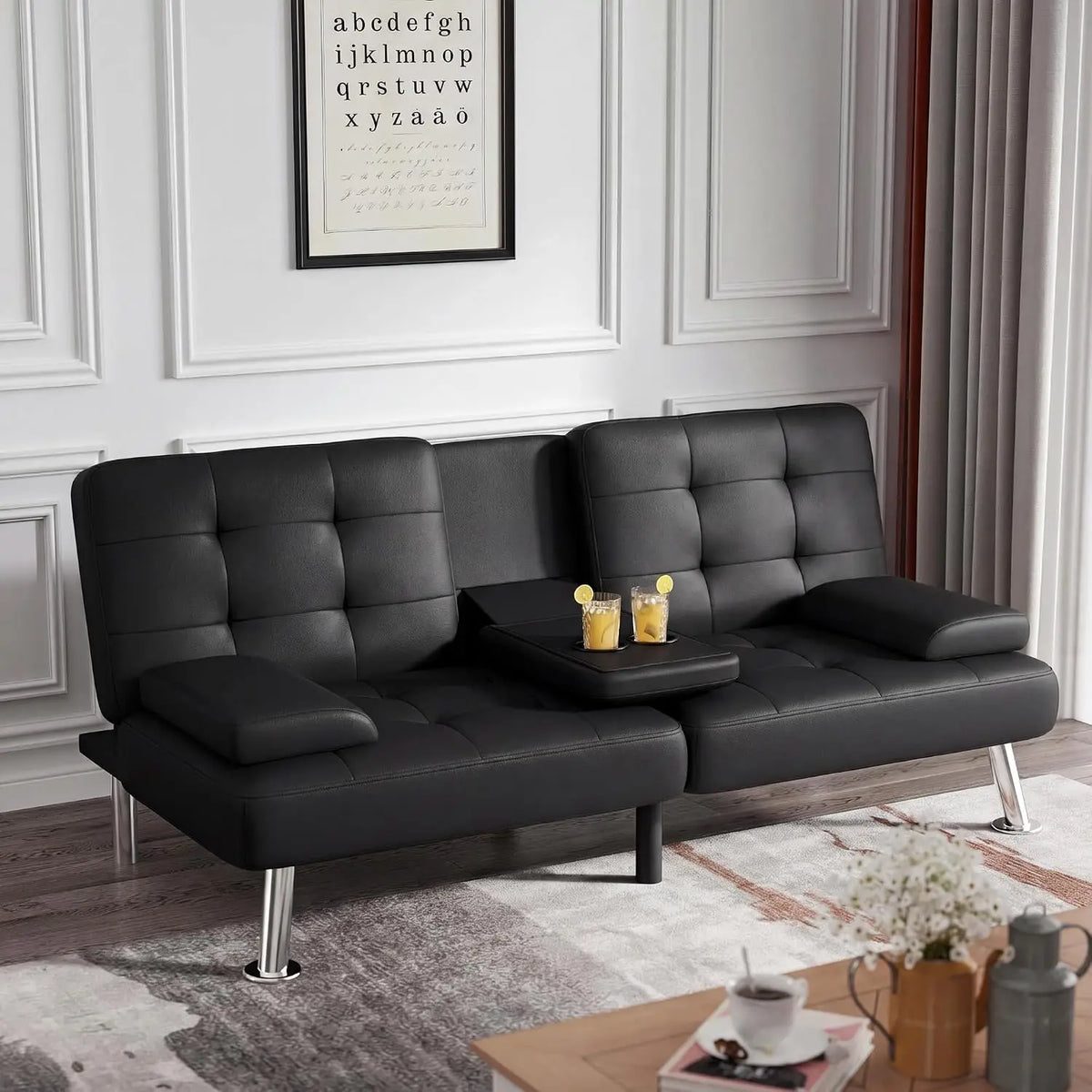 Black Futon Sofa Bed with Cup Holders & Adjustable Back