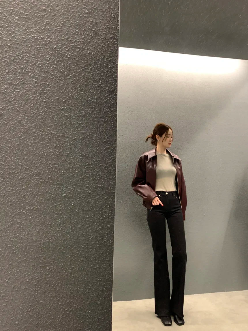 Women's Cropped Faux Leather Jacket – Lapel Zip Front