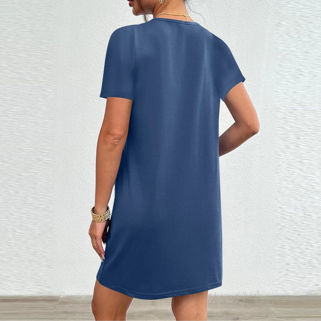 Solid Color Pocket Casual Sports Dress — Short Sleeve O-Neck A-Line Knee-Length Dress