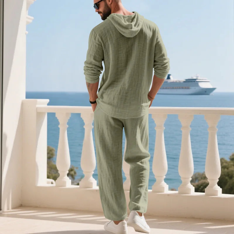 Men's Linen Casual Loose Hooded Henley Shirt & Long Pants Set – Relaxed Autumn 2-Piece Suit