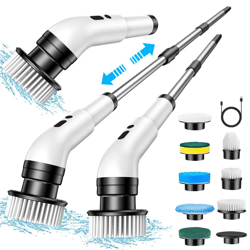 Cordless Electric Spin Scrubber – 9 Brush Heads, Adjustable Extension Handle, Shower & Bathroom Cleaning Brush