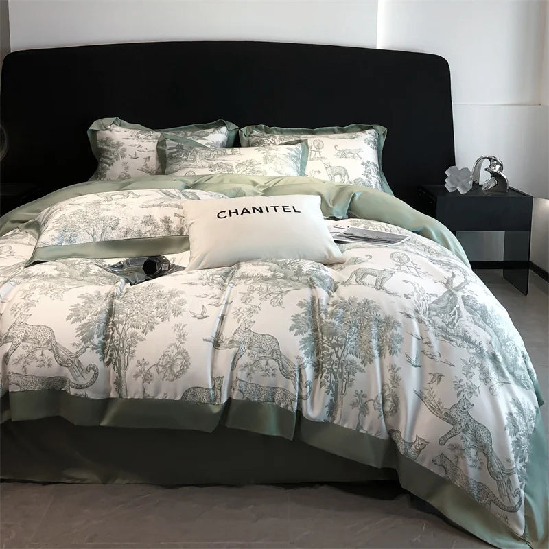 Eucalyptus Lyocell Bedding Set – Silky Soft Forest & Leopard Print Duvet Cover, Bed Sheet & Pillowcases