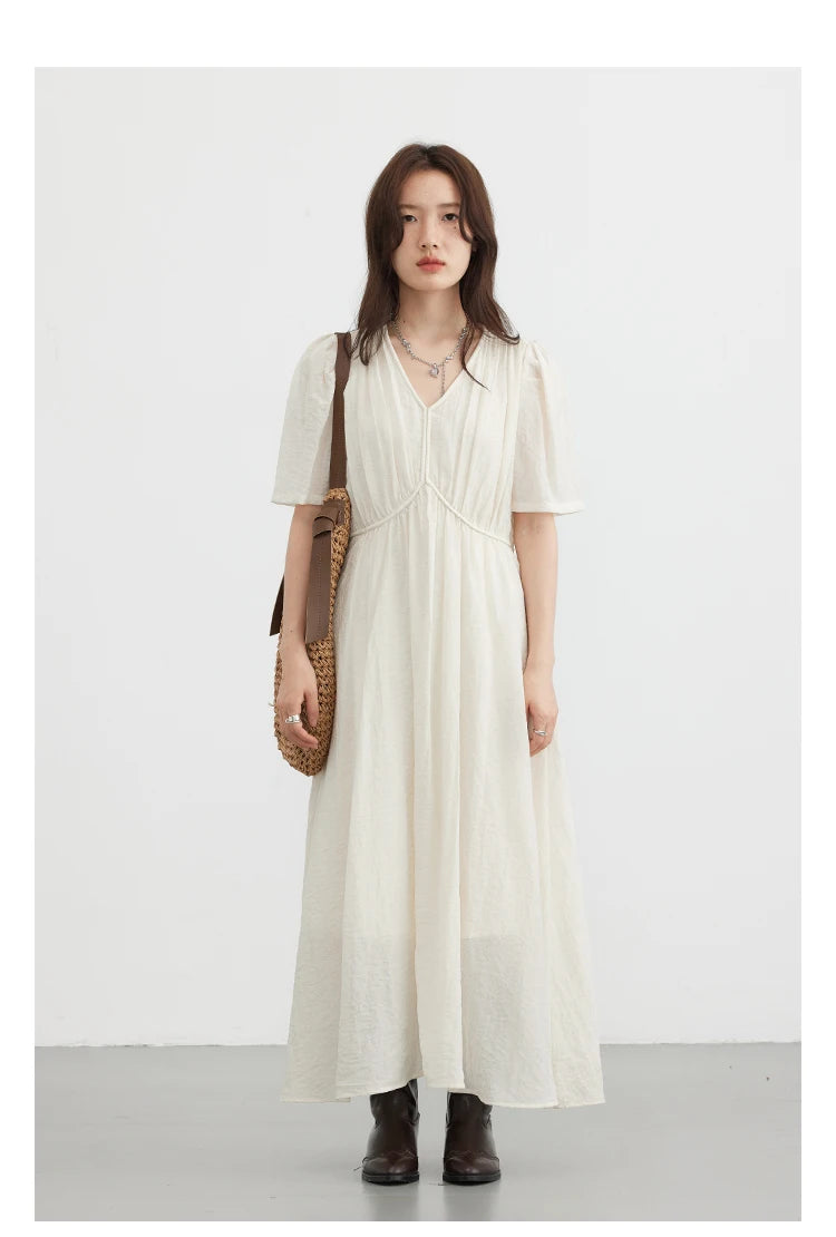 CHIC VEN Women Dresses French Style Vintage V-neck Puff Sleeve Long Dress Solid Black Loose Female Clothing Summer New 2023