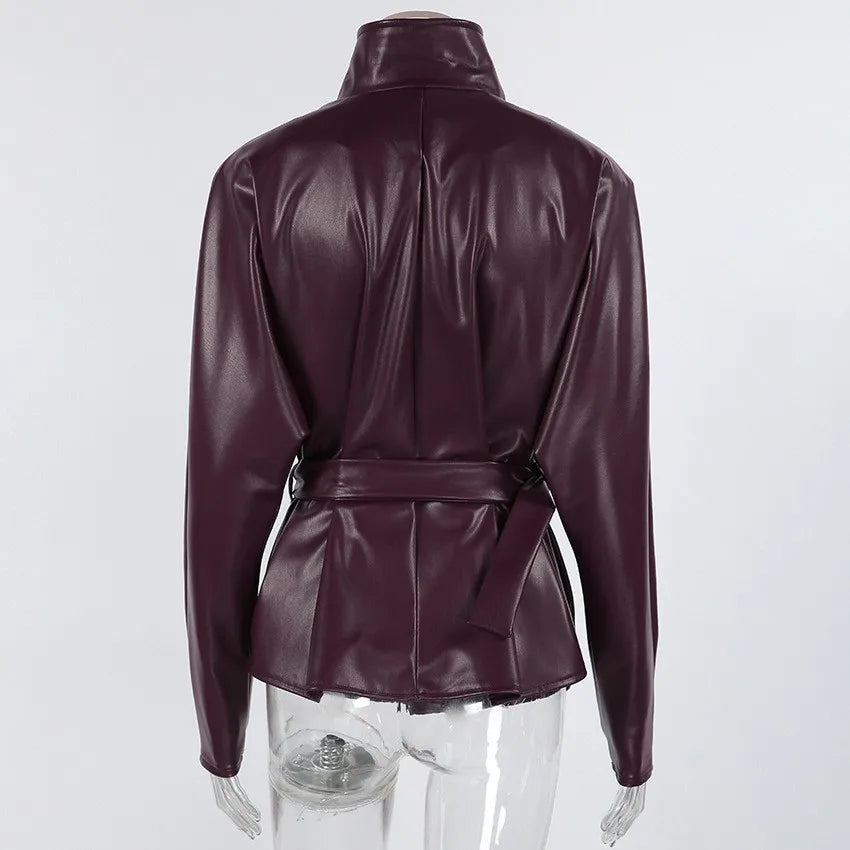 Women's Belted Faux Leather Jacket – Wine Red