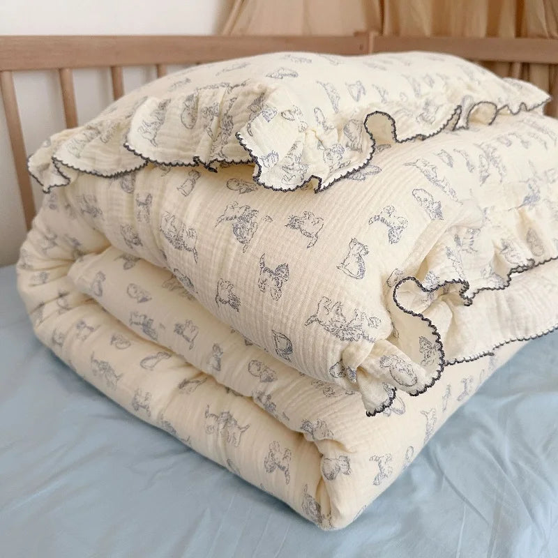 Princess Ruffle Bedding Set – 100% Cotton Gauze Duvet Cover with Pillowcases, Floral, 3-Piece
