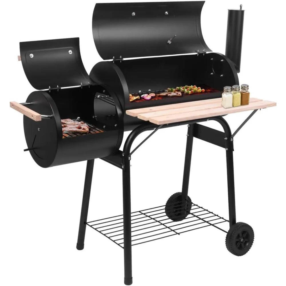 Portable Outdoor Barbecue Grill with Offset Smoker | Alloy Steel, Lid Thermometer, Wooden Handle, Wheels & Storage Tray, Patio, Picnics & Camping