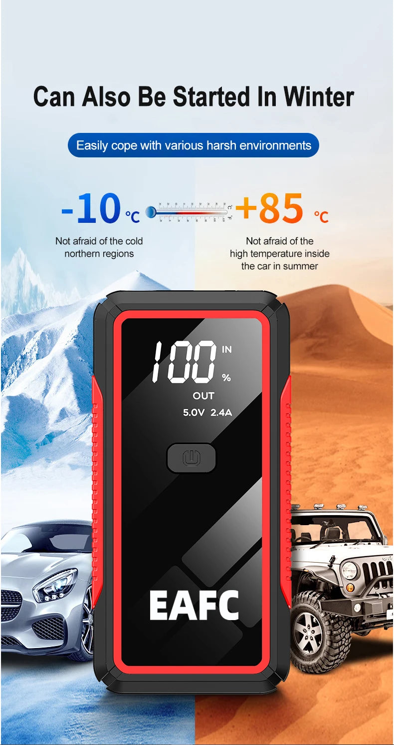 EAFC Portable Car Jump Starter — 600A–2000A Peak, 12V Battery Booster & Power Bank with LED Light