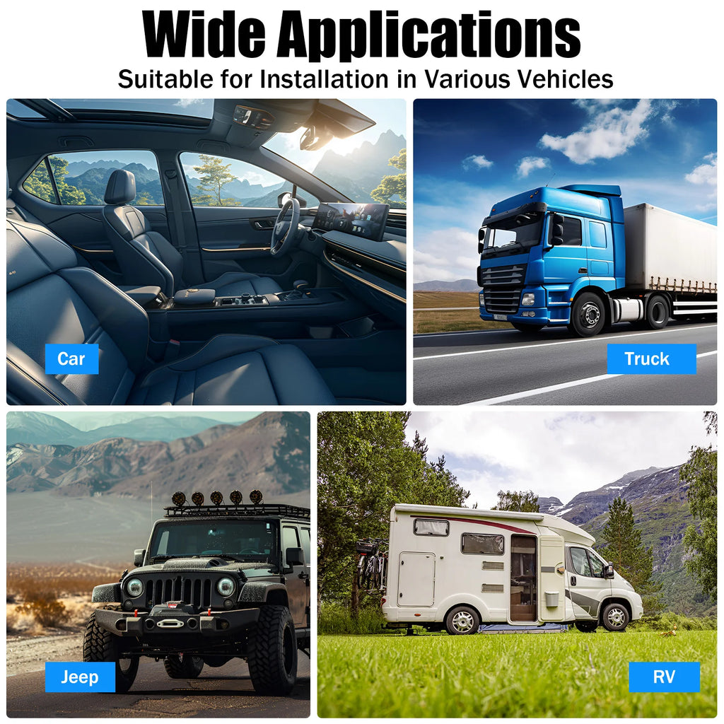 Collage of vehicles including a car, truck, Jeep, and RV with text indicating wide applications.