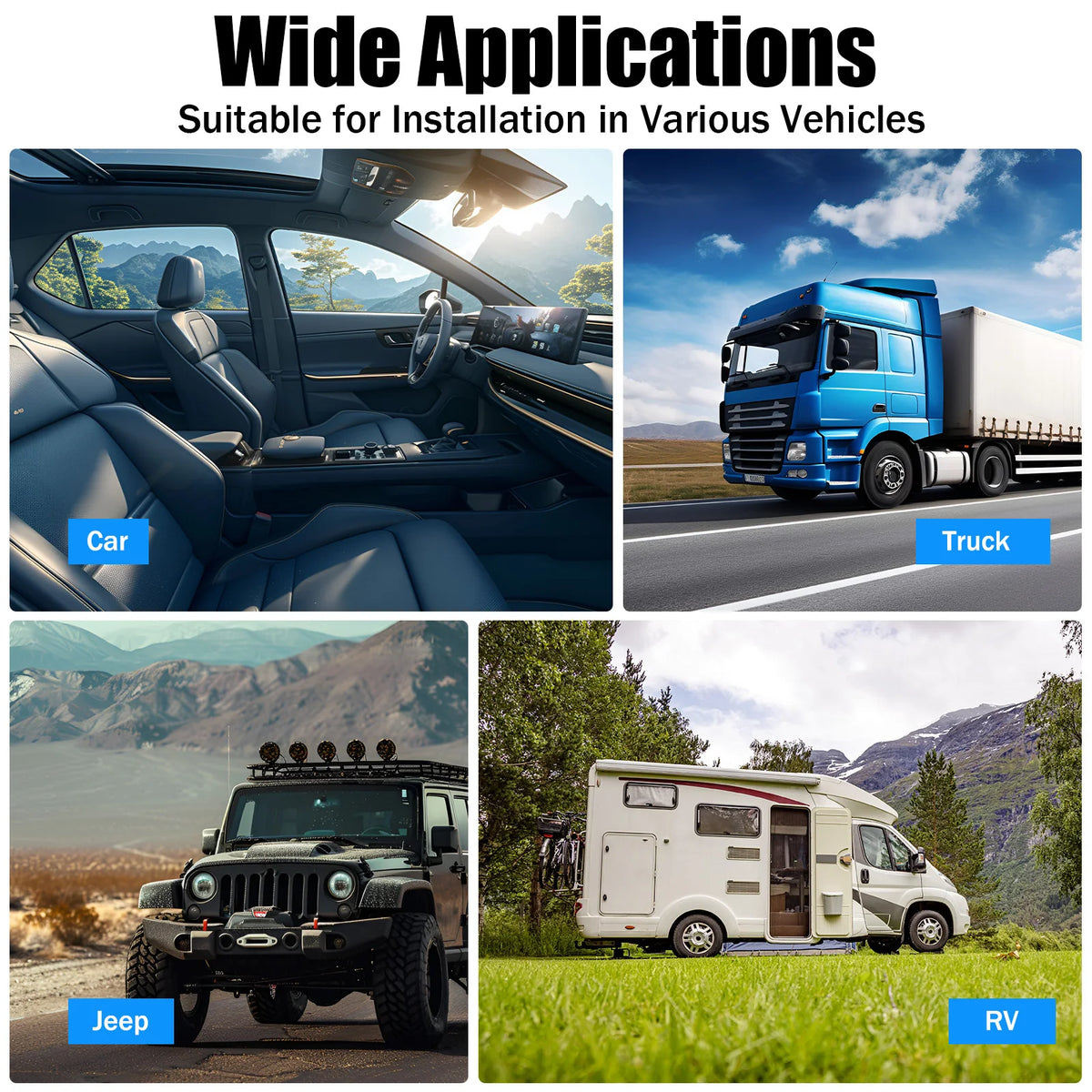 Collage of vehicles including a car, truck, Jeep, and RV with text indicating wide applications.