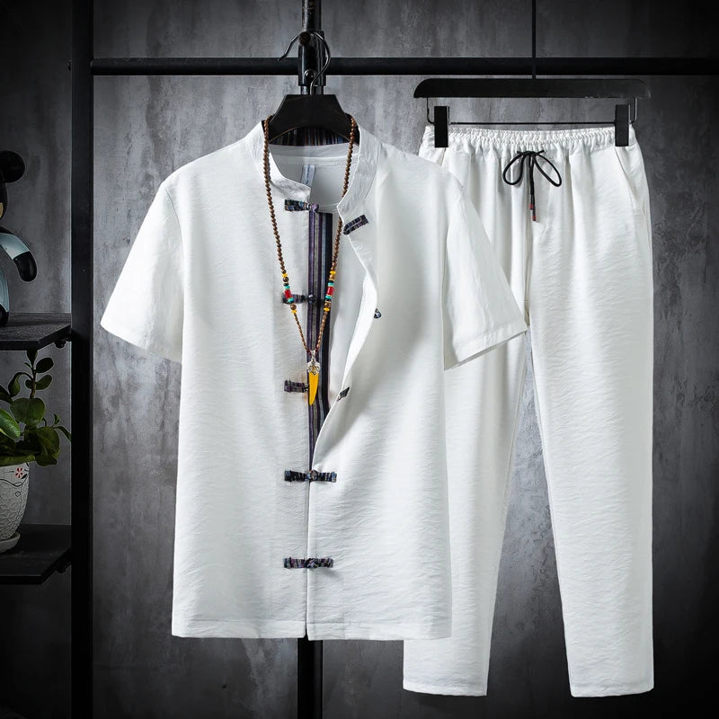 Men's 100% Cotton Linen Short Sleeve Shirt & Drawstring Pants Set