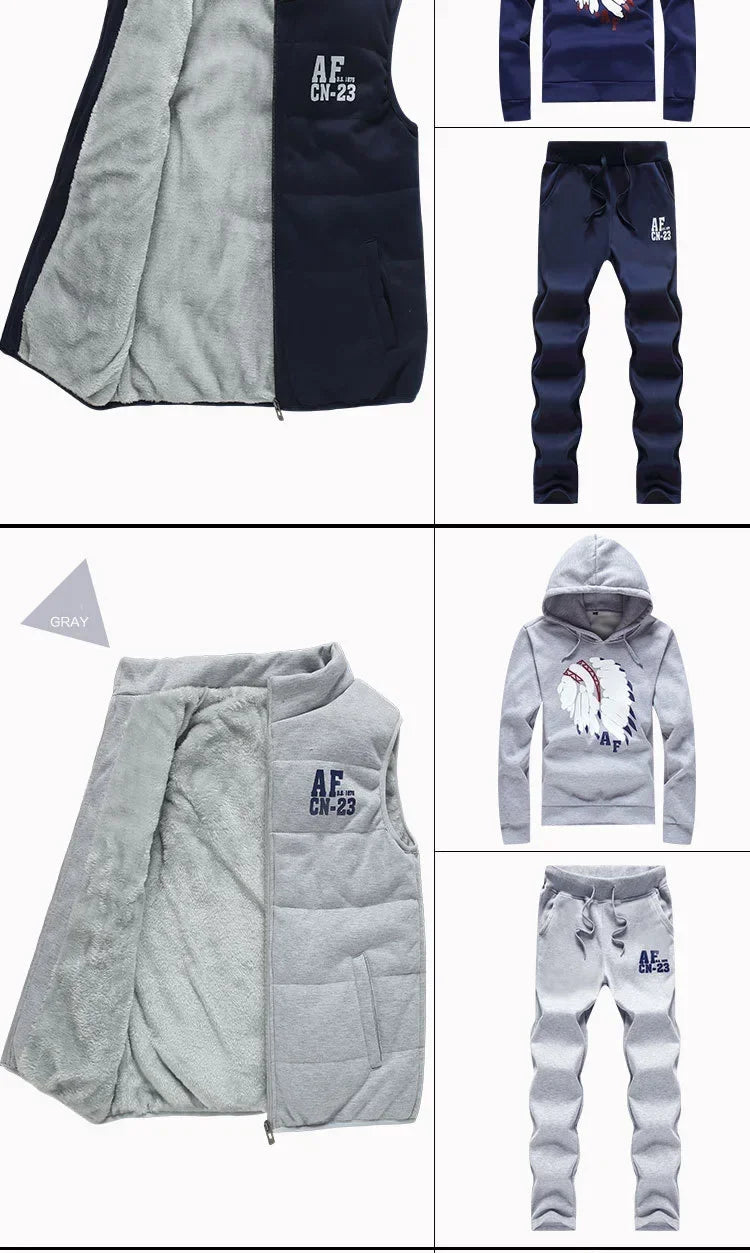 Men's 3-Piece Winter Tracksuit – Hoodie, Vest & Pants Thick Warm Set