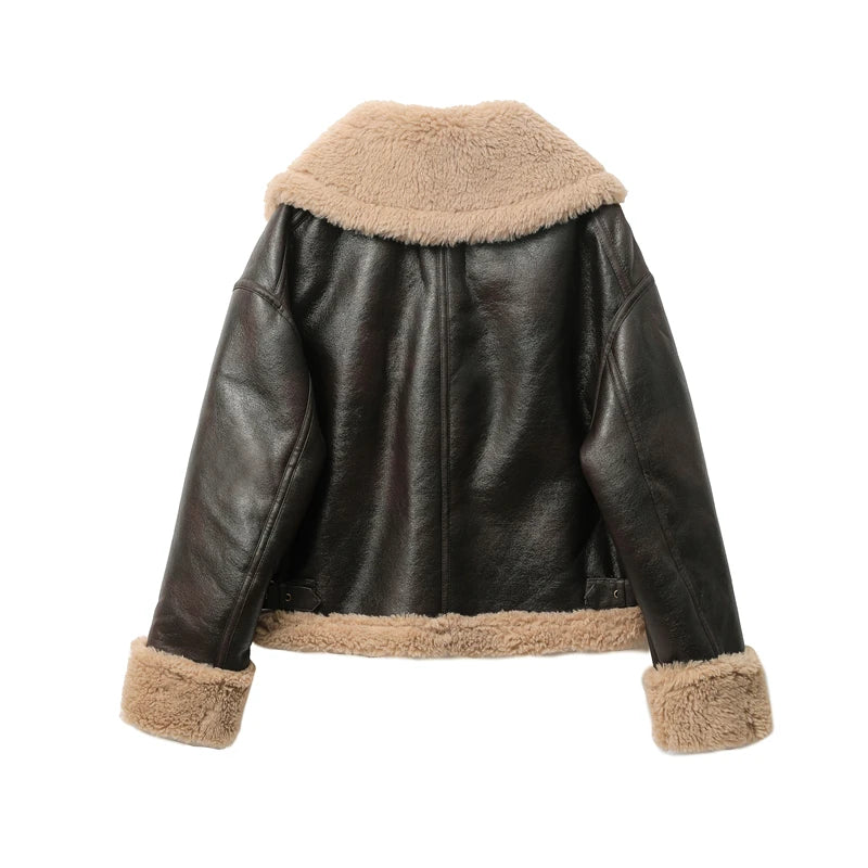 Women's Thickened Double-Sided Short Jacket – Warm Zip-Up Streetwear Coat in Brown