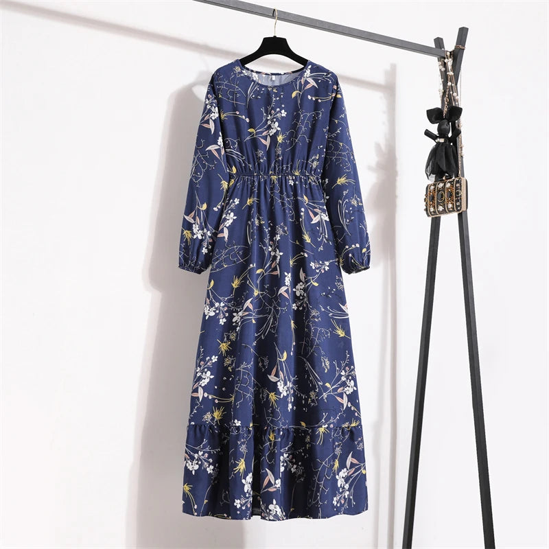 Women Long Dresses Spring Summer Casual Full Sleeve Floral geometry Printed O neck Woman Bohe Beach Party Dress Mujer Vestidos