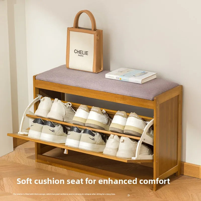 Bamboo & Wood Cushioned Shoe Stool — Entryway Bench