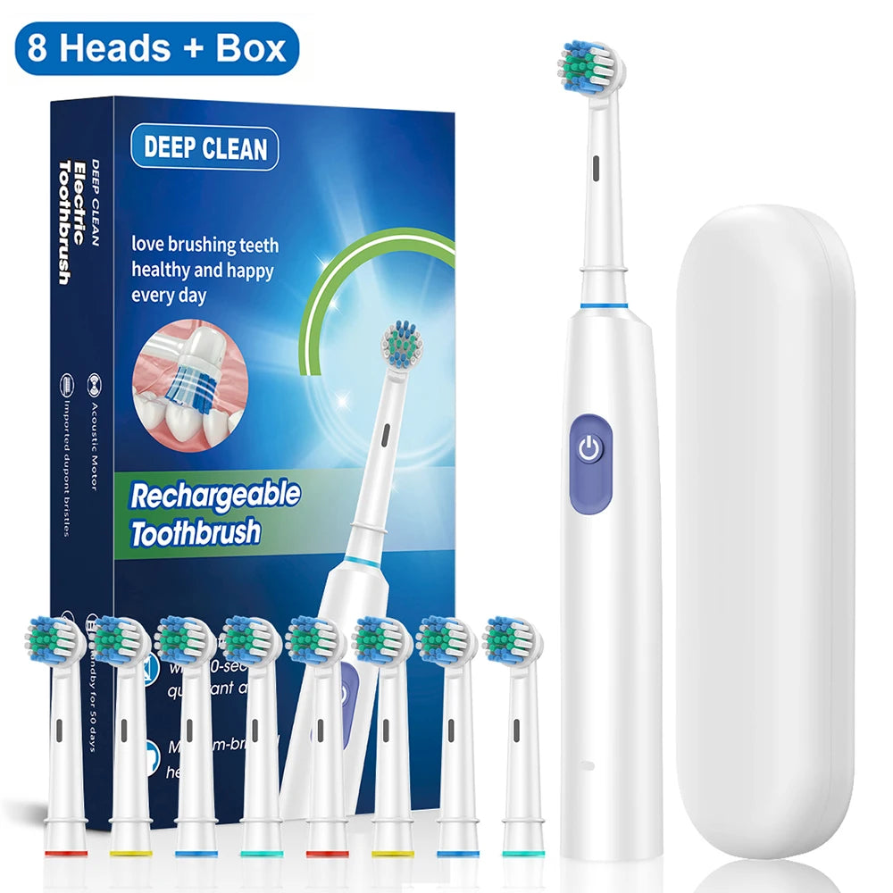 Rotary Rechargeable Electric Toothbrush for Adults – 5 Modes, 30-Day Battery, 8 Brush Heads