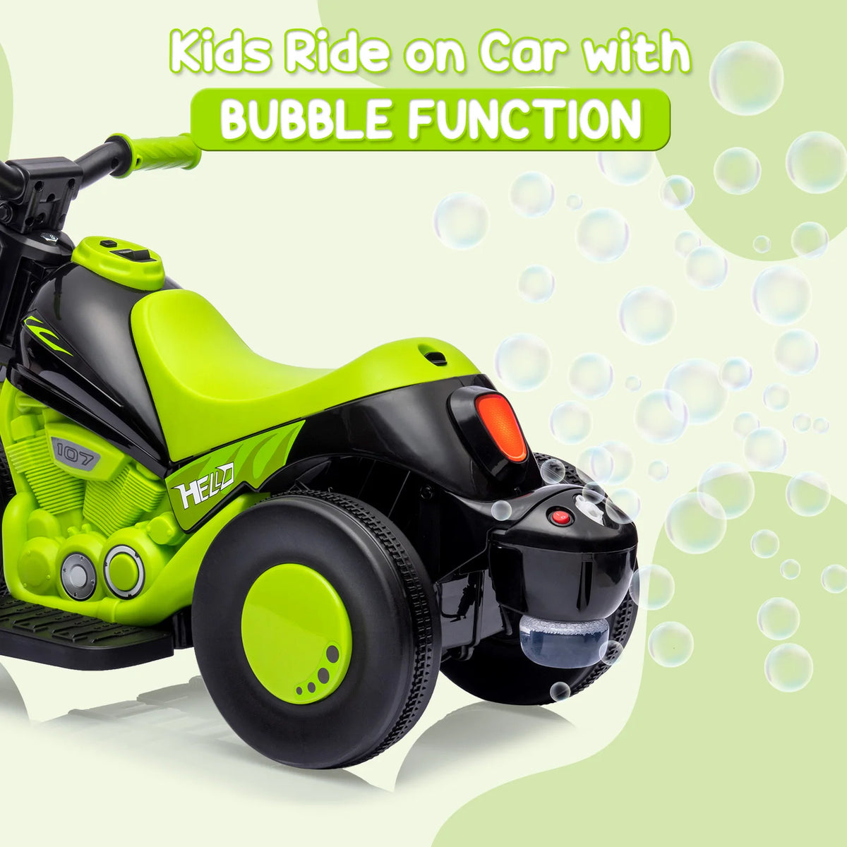 6V Kids Electric Motorcycle With Automatic Bubble Machine, Toddler Ride On Motorbike With Foot Pedal, Headlight, Music, Horn, 3 Wheels