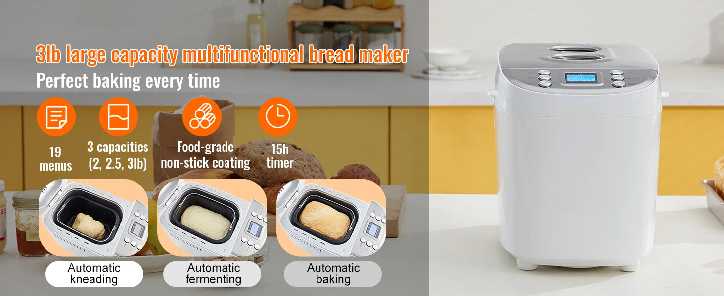 15-in-1 Automatic Bread Maker — 2/3 lb Dough Machine, Nonstick Ceramic Pan, Gluten-Free Setting