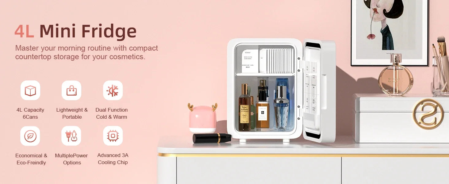 Skincare Fridge with Dimmable LED Light Mirror — 4L Makeup Mini Fridge for Bedroom & Car