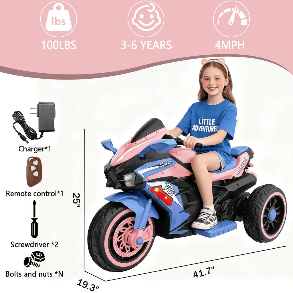 12V Kids Ride-On Motorcycle – Three-Wheel Electric Toy with Remote