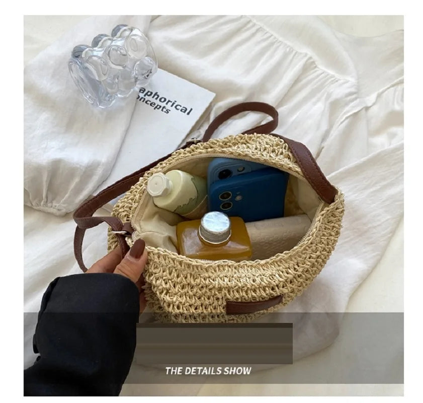 Woven Straw Crossbody Bag – Boho Beach Shoulder Bag for Women