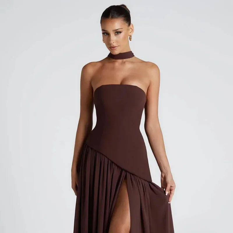 Pleated Off-Shoulder Maxi Dress — High Slit Scarf Slim Fit Evening Party Dress