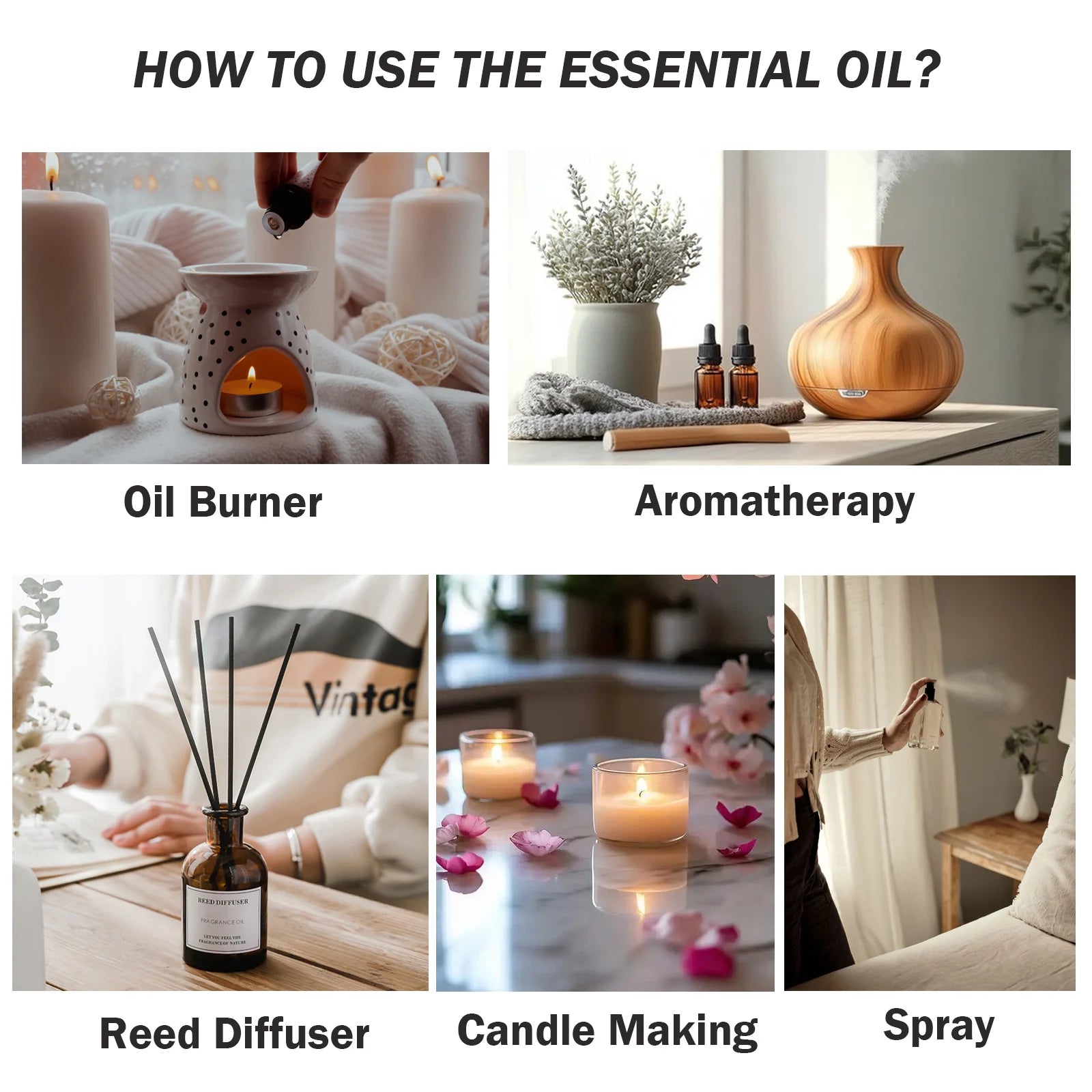 PHATOIL Essential Oils 100ml — Eucalyptus, Lavender, Vanilla, Jasmine, Lemon & Bergamot for Aromatherapy & Candle Making