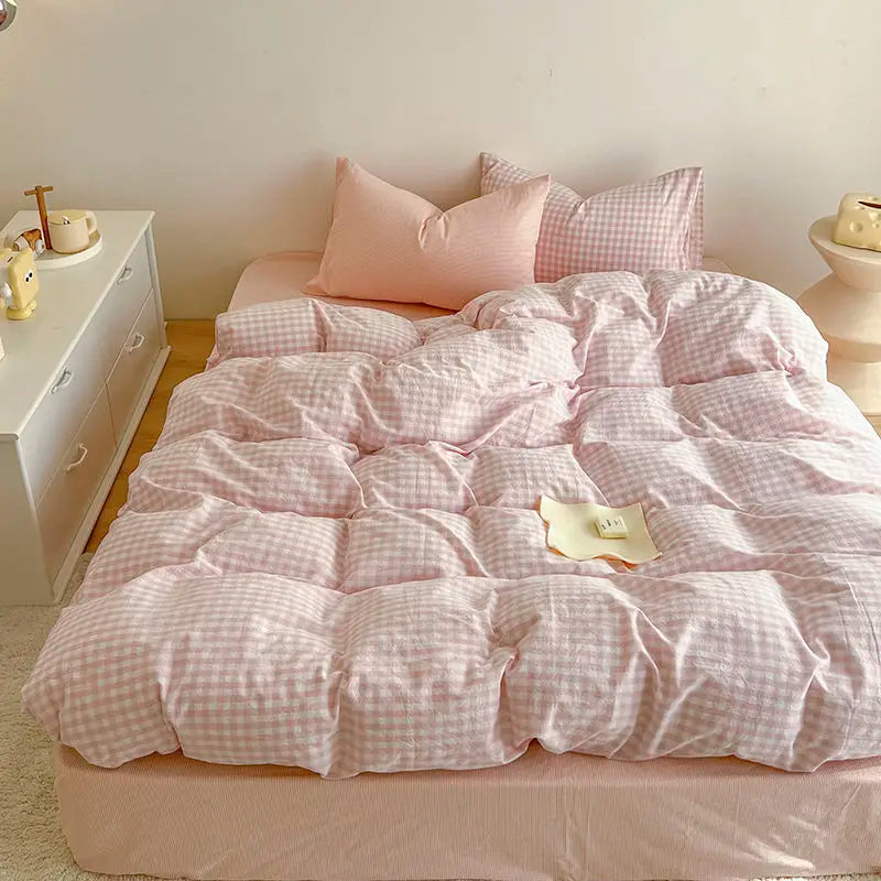 Pink Plaid Duvet Cover Set – Soft Flat Sheet & Pillowcase, Twin to Queen, Boys & Girls