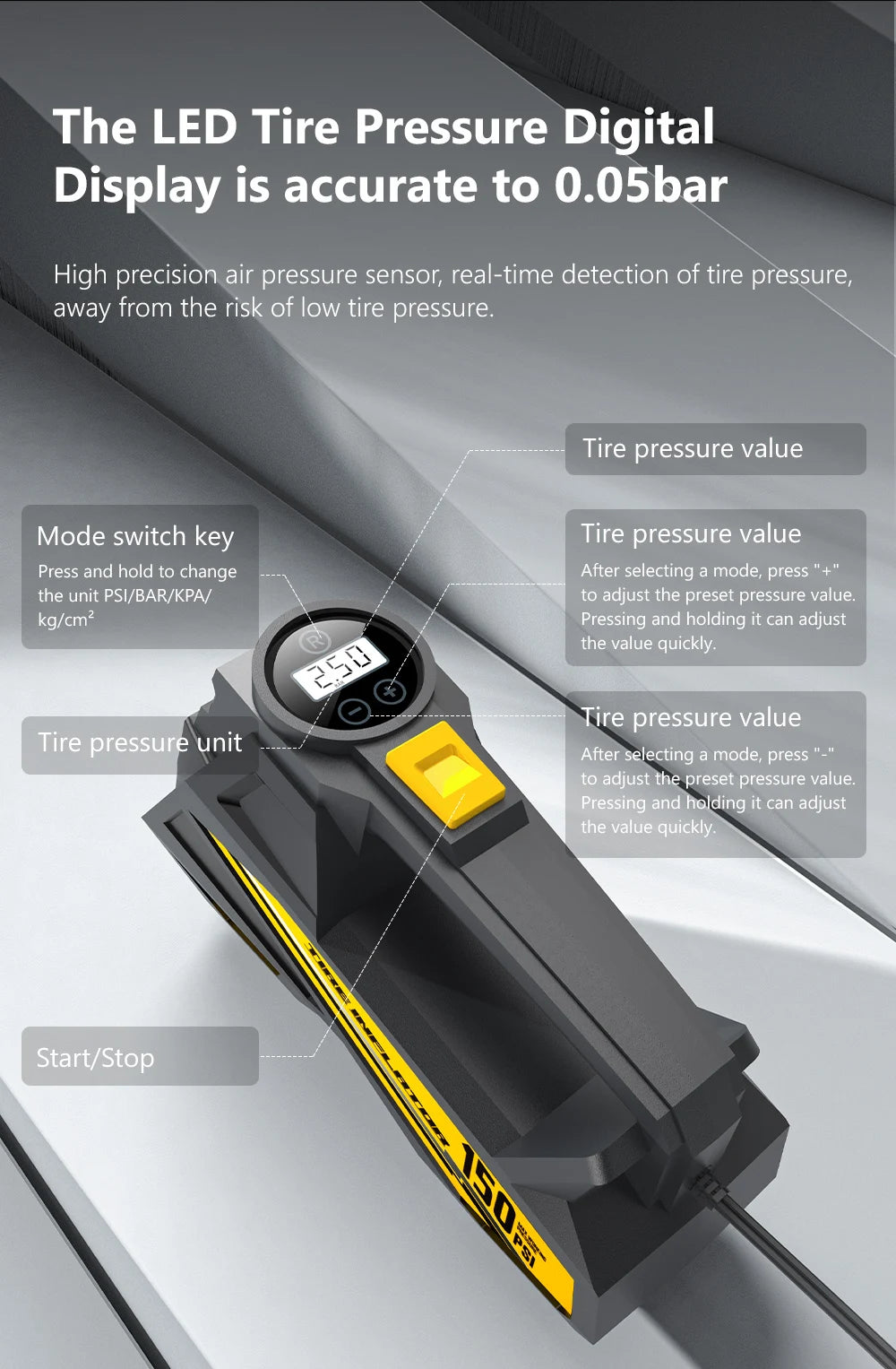 CARSUN 12V Corded Tire Inflator with Digital Gauge