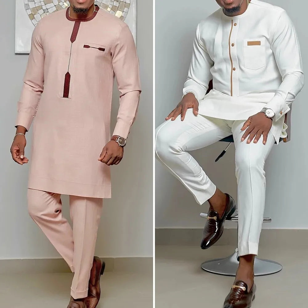 Men's African Kaunda Kaftan Long Sleeve Top & Pants 2-Piece Suit – Traditional Ethnic Wear