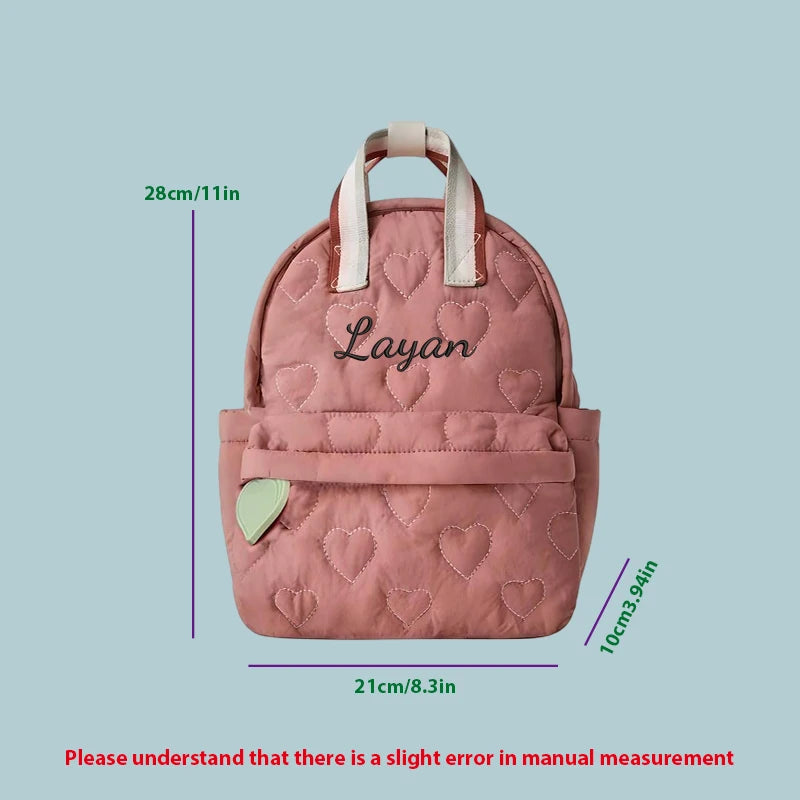 Custom Embroidered Heart Quilted Backpack – Personalized Cartoon Casual Bag