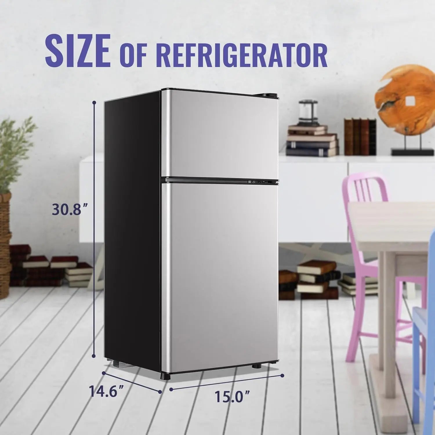 Silver Small Refrigerator with Freezer — 2.4 Cu Ft Compact Fridge with Removable Plastic Shelves for Home, Office & Dorm